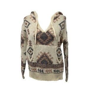 Forever 21 Women's Hoodie Beige and Brown Front Pocket V-Neck Knit Size Small